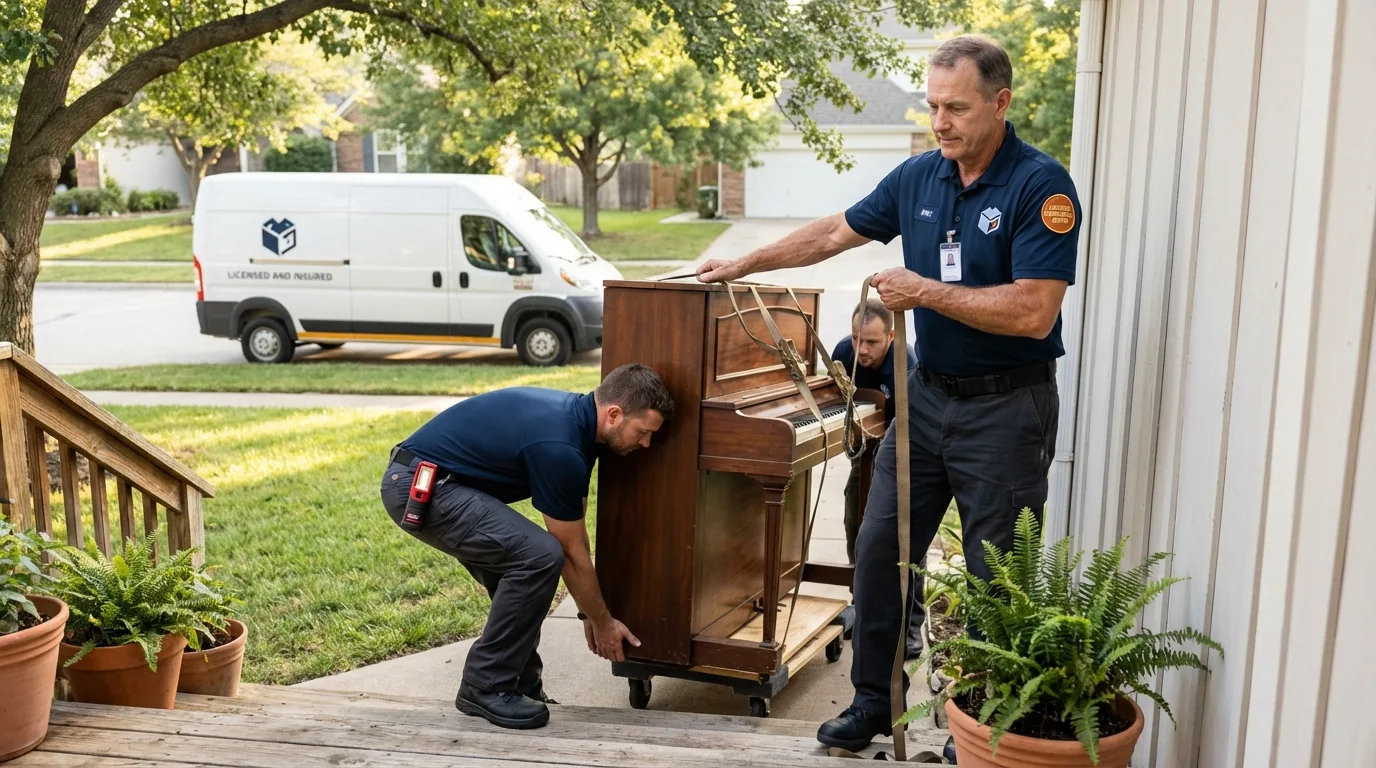 Licensed piano movers securing grand piano in Lynn, IN
