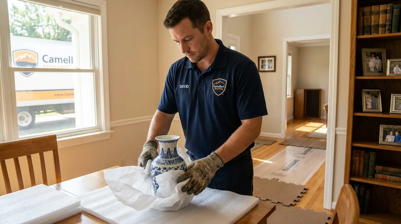 Professional crew carefully wrapping antique vase for senior downsizing move in Lynn, IN