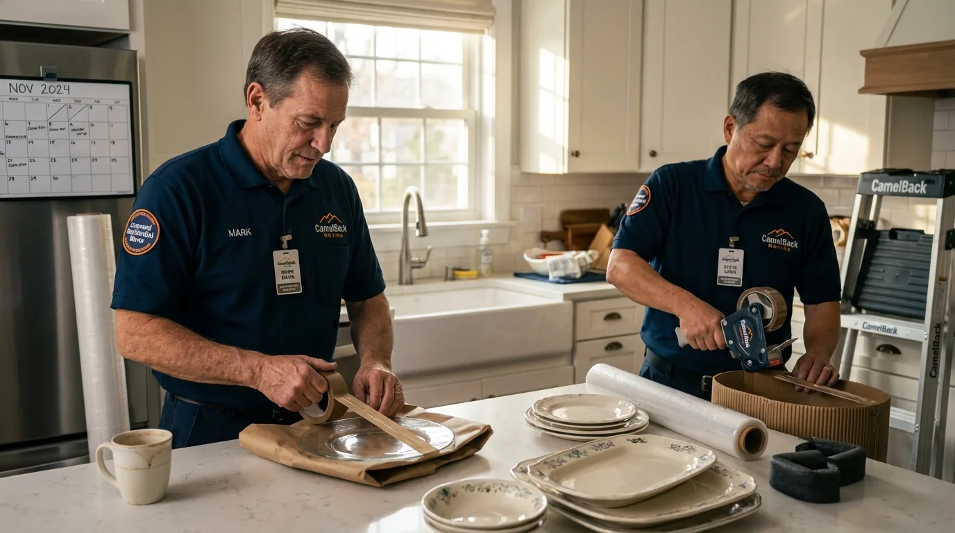 Professional crew packing kitchen dishware in Lynn, IN